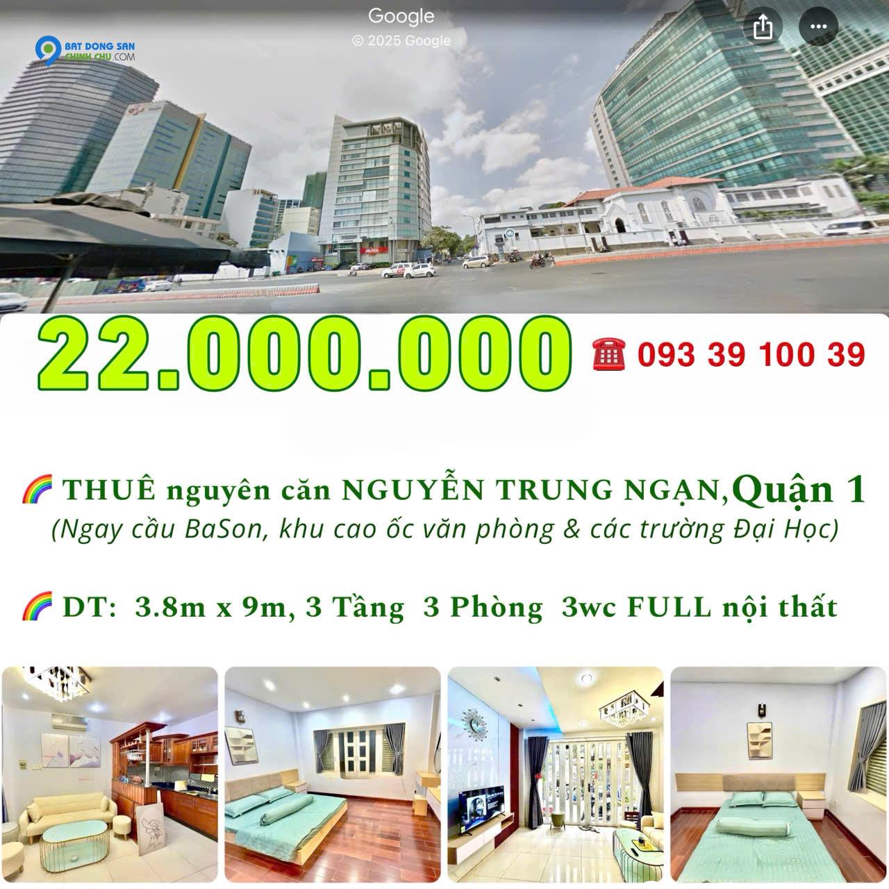 22 Triệu: thuê nguyên căn Quận 1 Nguyễn Trung Ngạn cầu Ba Son- 3 tầng 3 phòng ngủ 3wc Full nội thất