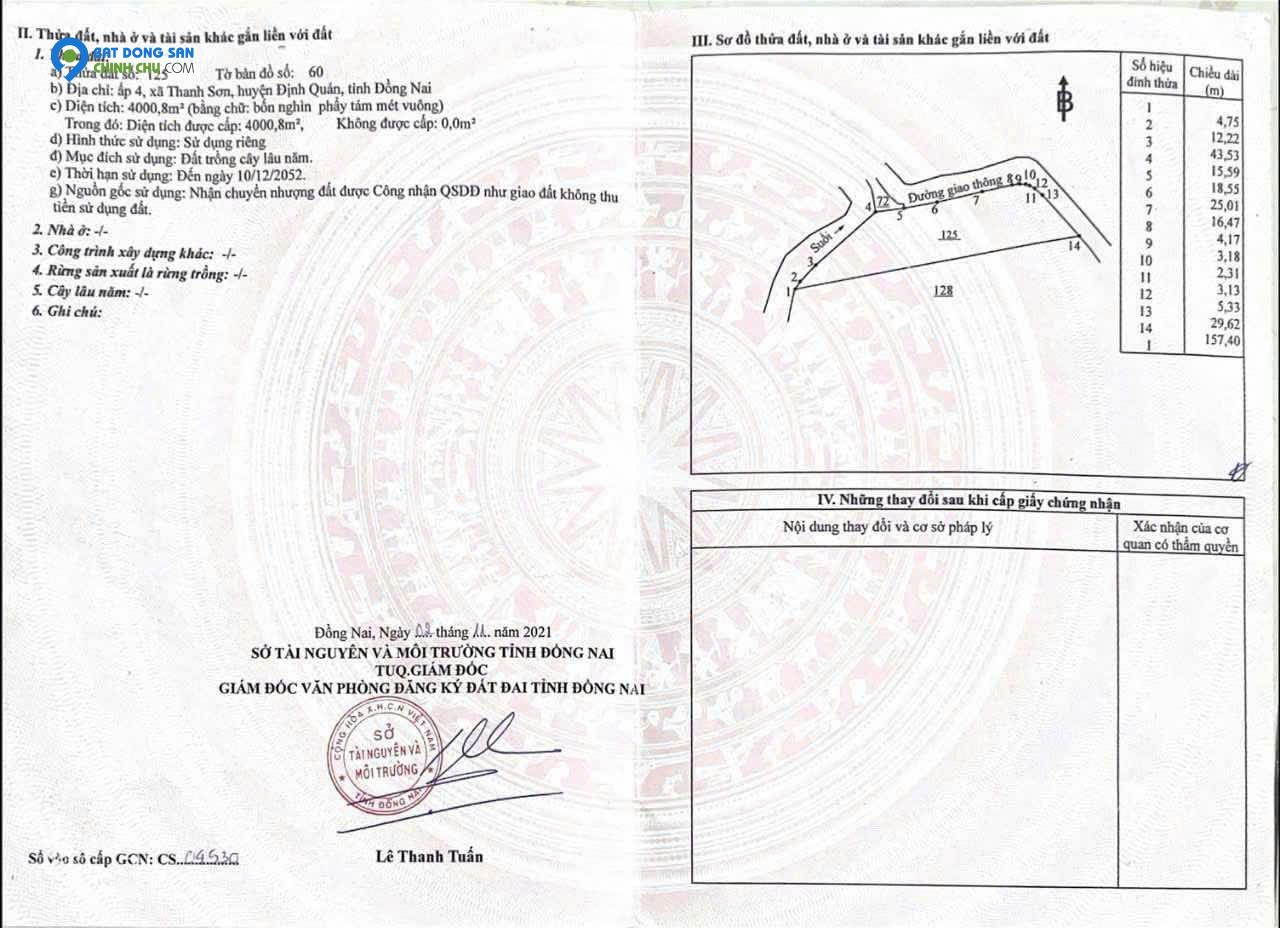 BÁN LÔ ĐẤT TRỒNG CÂY LÂU NĂM TẠI ĐỊNH QUÁN - ĐỒNG NAI