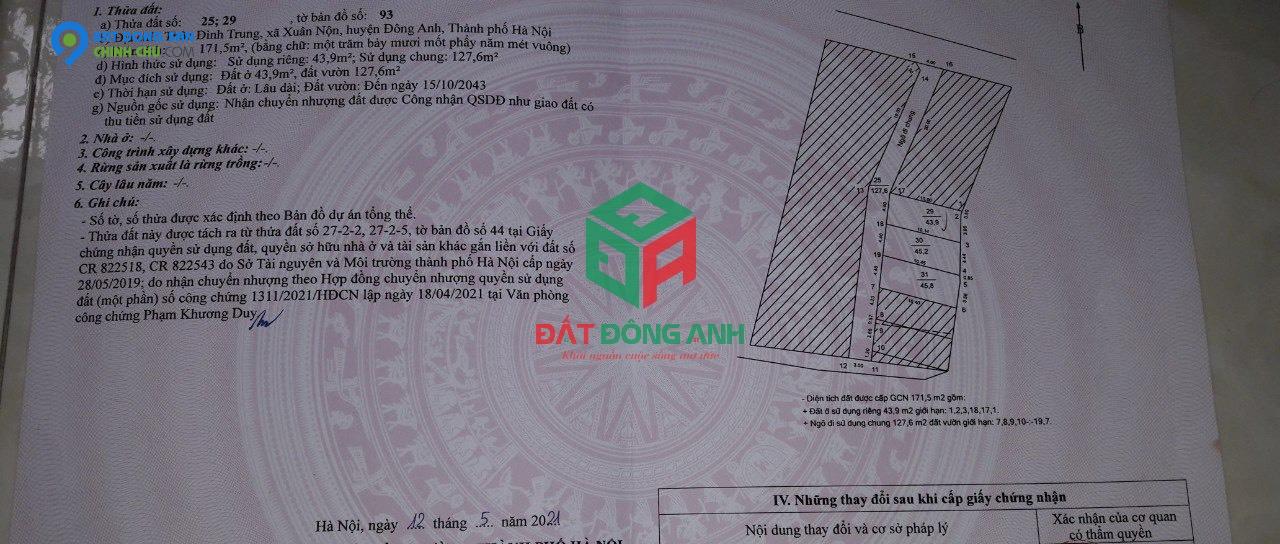 Bán 43.9m2 đất Đình Trung Xuân Nộn - Đường 3m - Nhỉnh tỷ