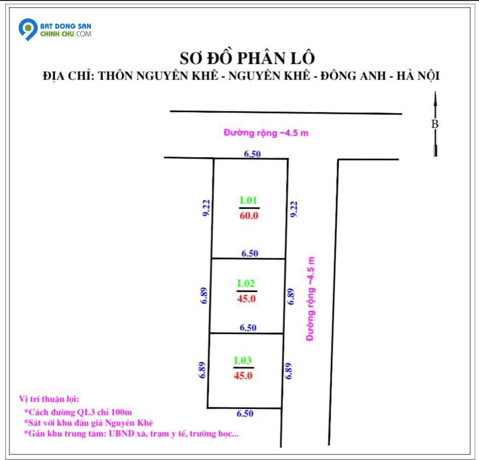 Bán đất Nguyên Khê, Đông Anh, diện tích 45m2, mặt tiền 7m, vuông vắn đẹp, giá 2,7 tỷ