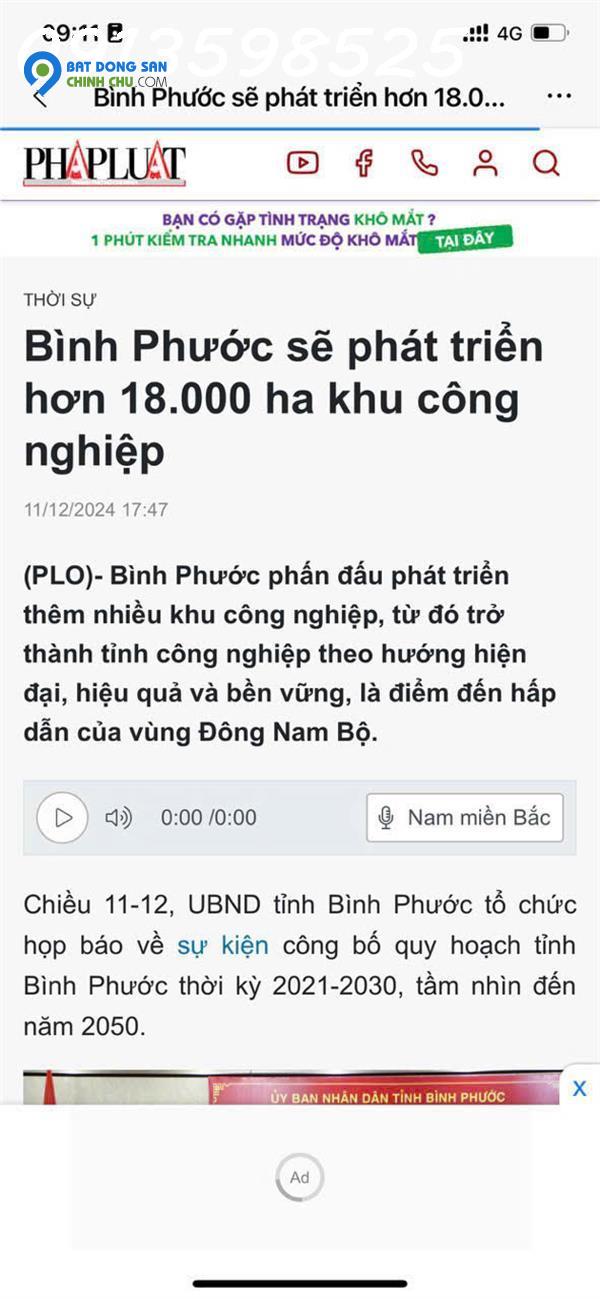 Bán đất thổ cư cạnh khu công nghiệp, sau HC, Huyện Phú Riềng, BP