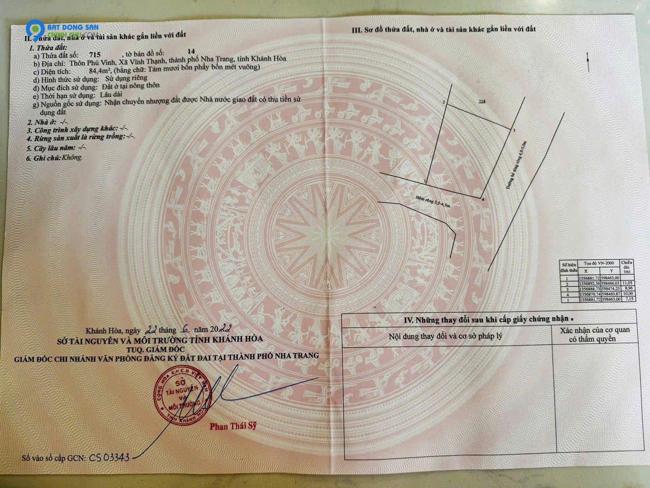 Bán lô góc tại xã Vĩnh Thạnh, Nha Trang . Giá : 2 tỷ 190 triệu
