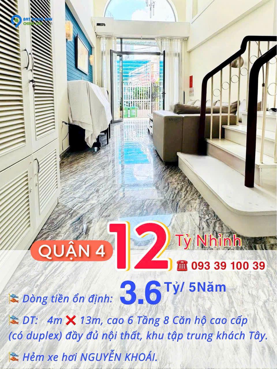 Bán nhà Quận 4- Doanh thu 3.6 tỷ/5năm- 6 Tầng 8 Căn hộ cao cấp duplex 52m2- HXH Nguyễn Khoái: 12 Tỷ