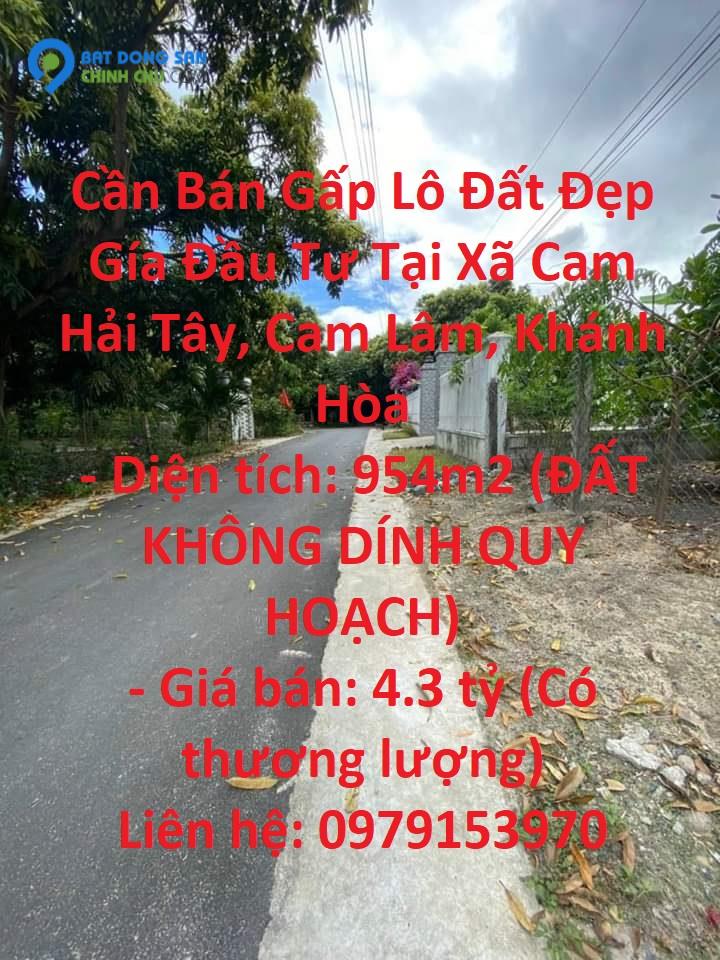 Cần Bán Gấp Lô Đất Đẹp Gía Đầu Tư Tại Xã Cam Hải Tây, Cam Lâm, Khánh Hòa