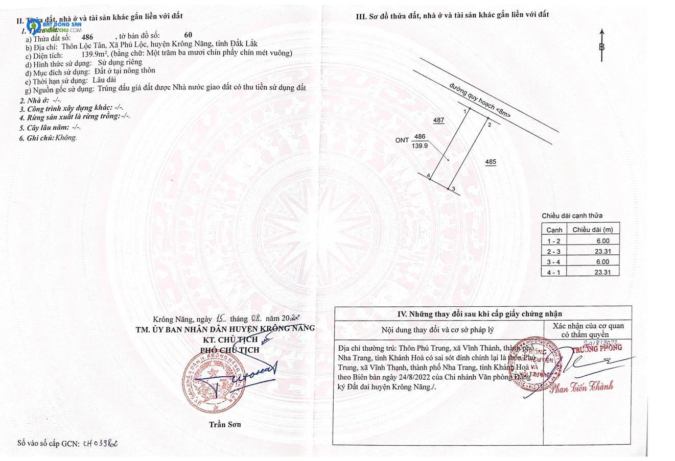 Cần bán gấp 2 lô liền kề tại chợ Phú Lộc – Krông Năng, giá 900 triệu/nền có thương lượng nhẹ.