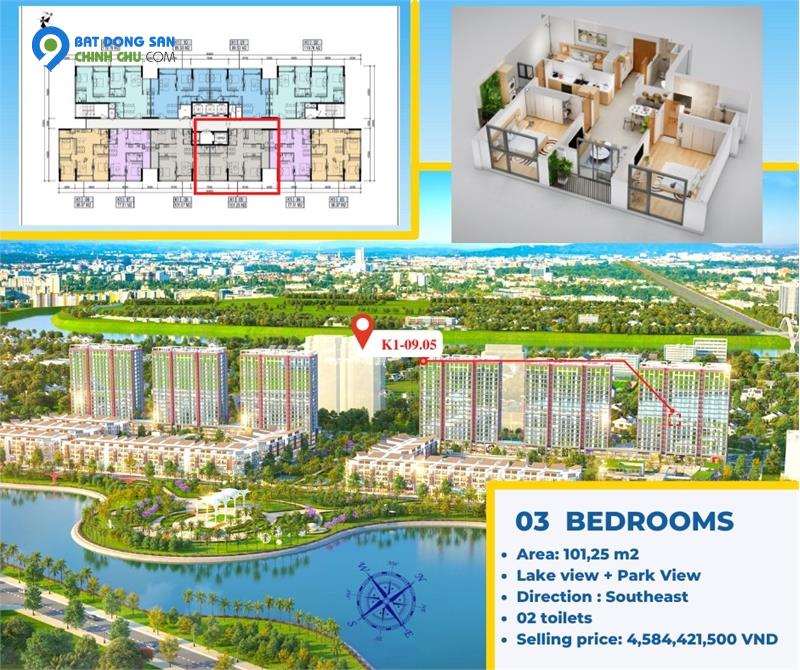 Chỉ 3,3 tỷ sở hữu căn hộ 2Pn view công viên hồ điều hòa 22ha vị trí trái tim quận Long Biên