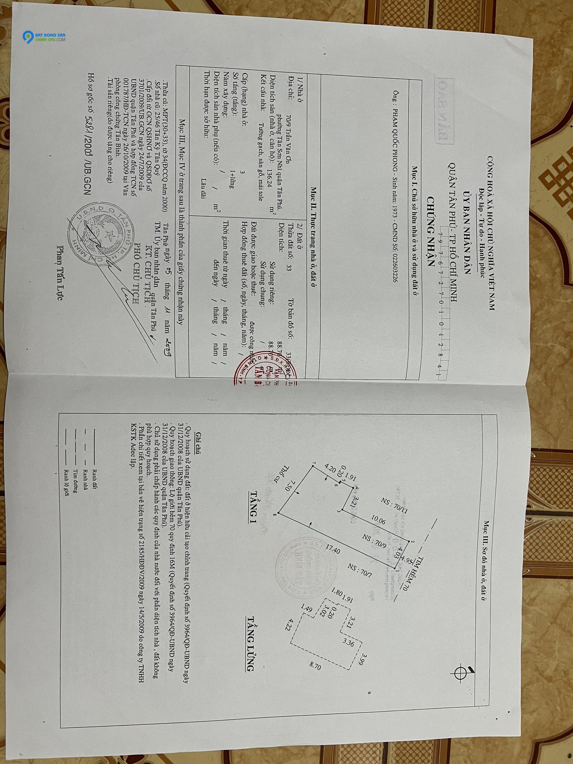 Chính chủ bán nhà Đường Trần Văn Ơn, Phường Tân Sơn Nhì, Quận Tân Phú