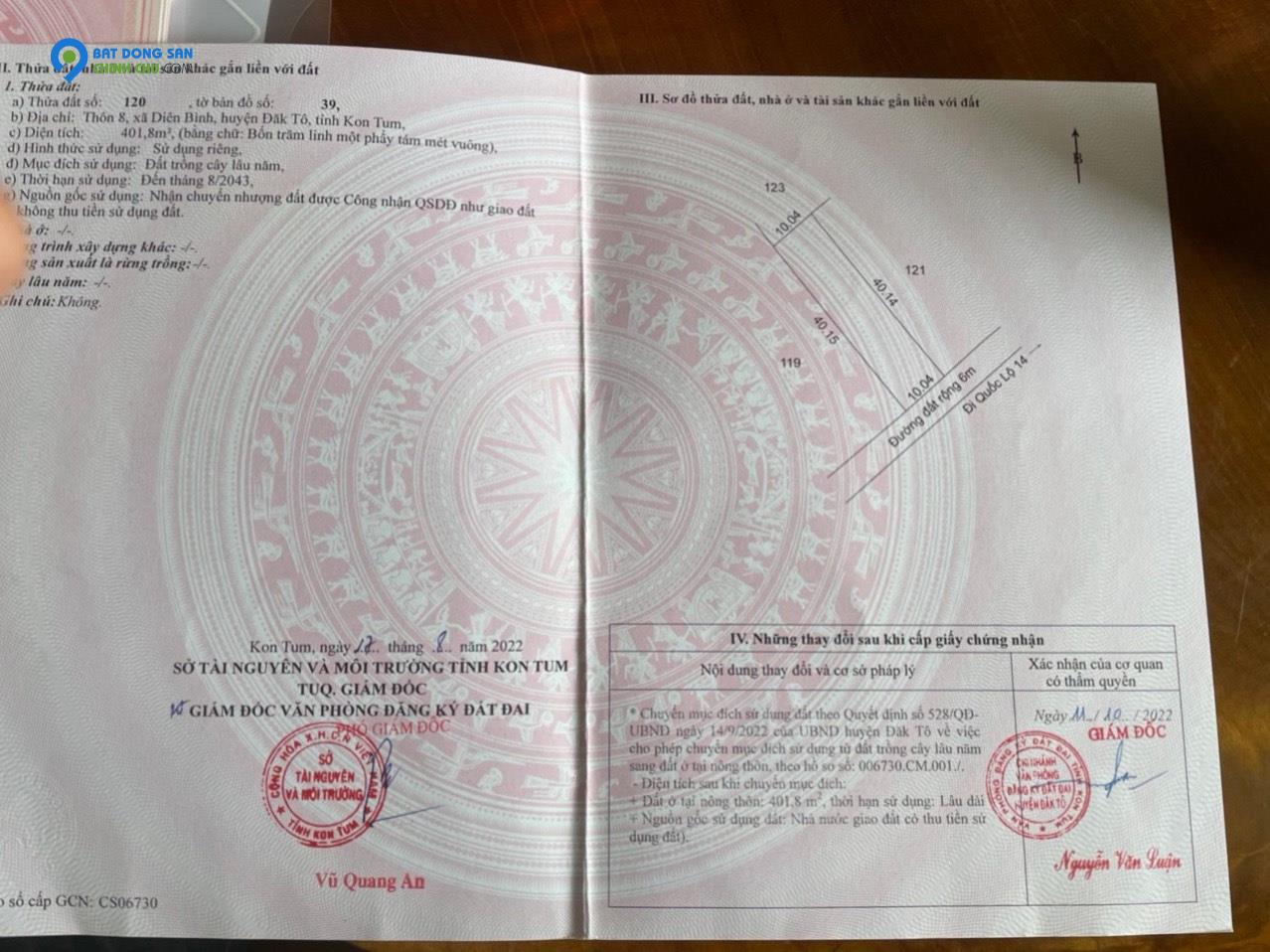 Chính chủ cần bán gấp lô đất thuộc Thôn 8 - Diên Bình - Đăk Tô - Kon Tum