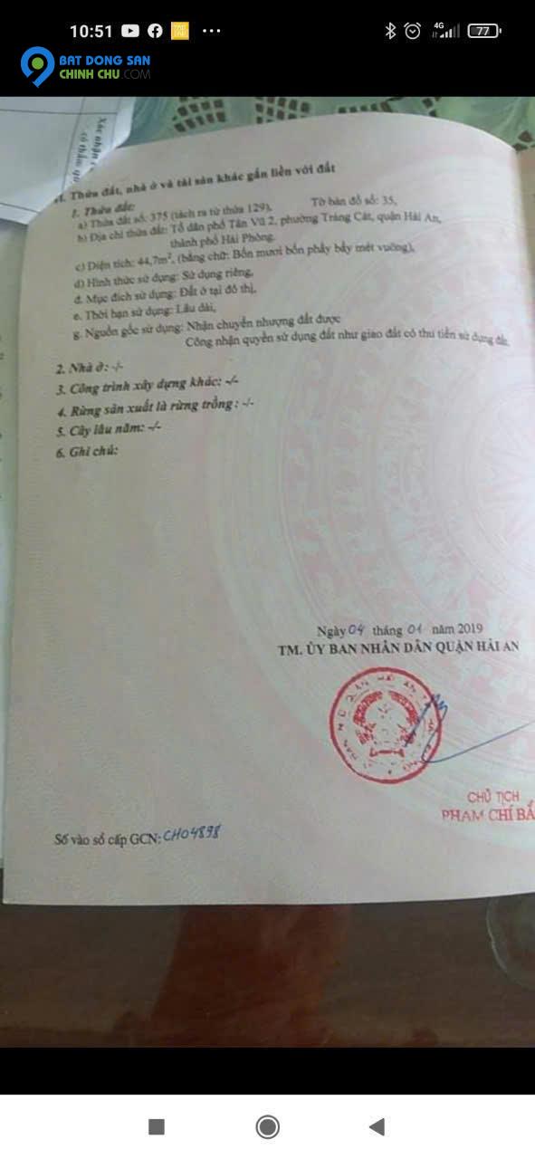 Chính chủ gửi bán lô đất 990 triệu  ngõ  Cát Vũ, Tràng Cát, Hải An Hải Phòng