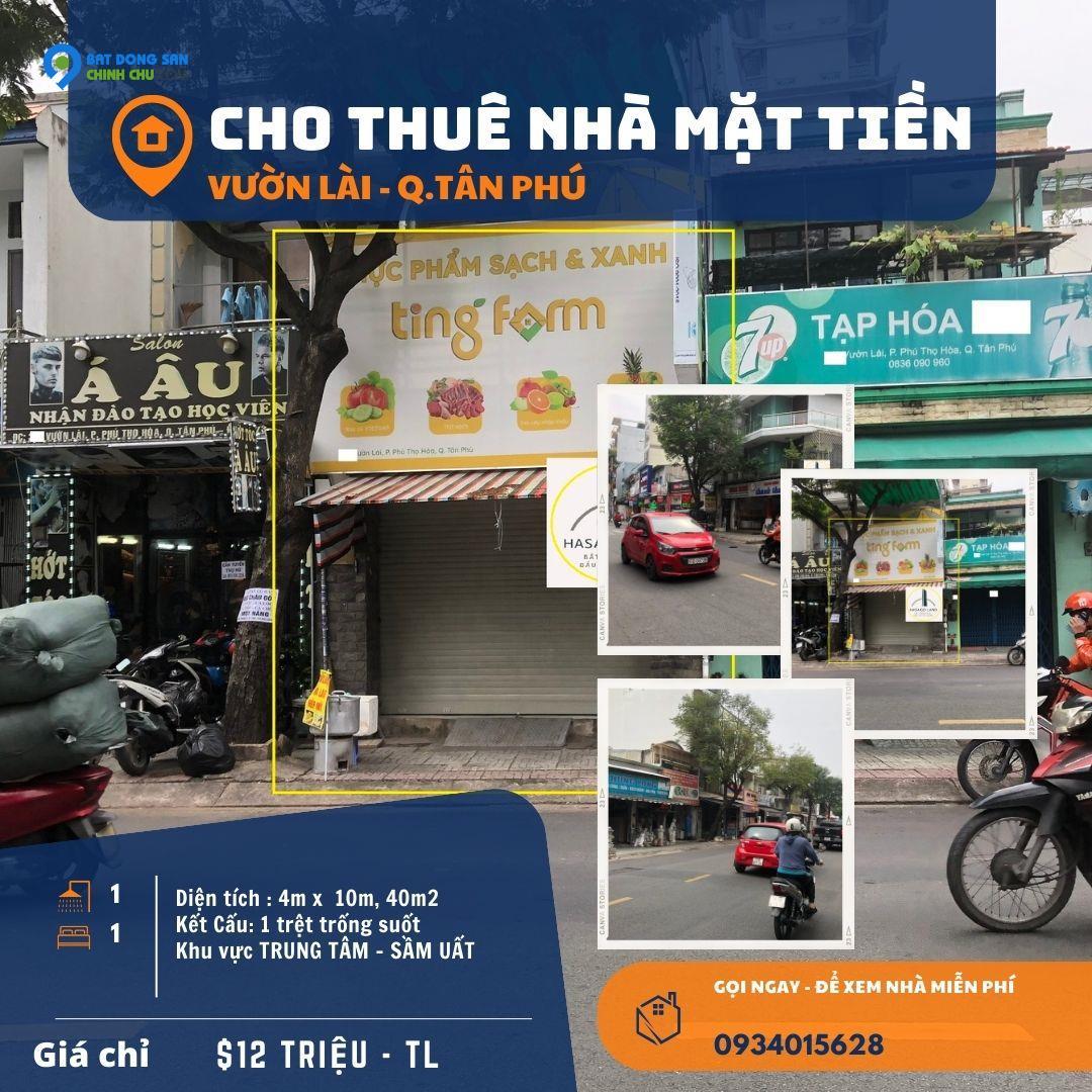 Cho thuê Nhà Mặt Tiền Vườn Lài, 40m2, 12triệu, gần Chung Cư