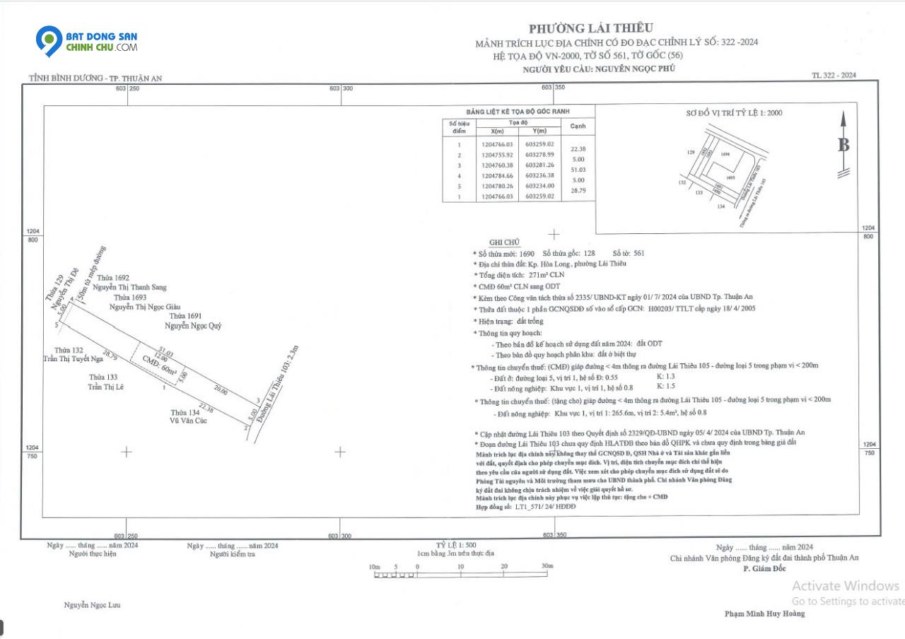 Đất thổ cư tại Phường Lái Thiêu, Thuận An, BD 2,8 tỷ/260m2