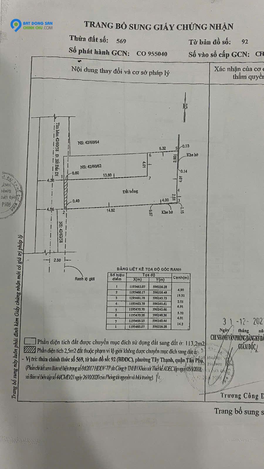 GẦN LÊ TRỌNG TẤN DT: 116m2 - HẺM  XE HƠI - PHÙ HỢP XÂY CHDV.