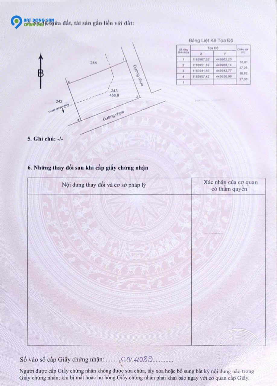 Lô góc ngã 4 tiềm năng 456m2 có 80 ONT, đường liên thông, dân cư hiện hữu giá tốt
