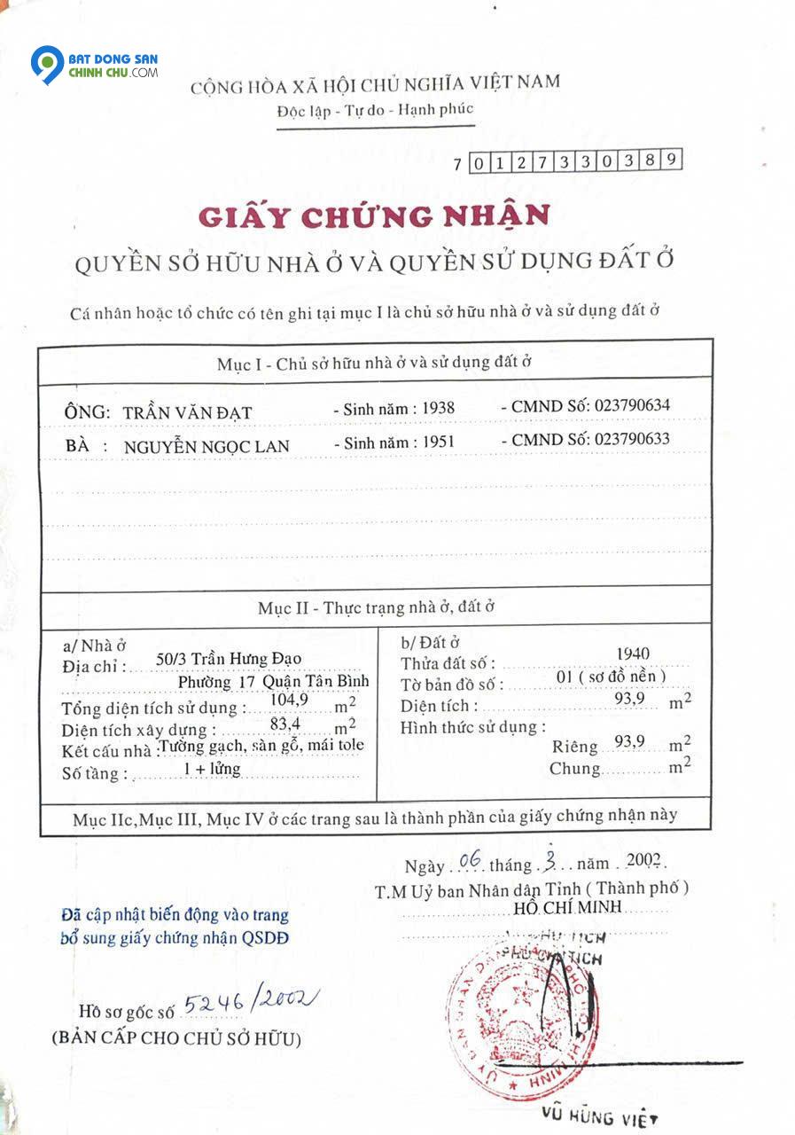 Nhà mặt tiền đường Trần Hưng Đạo Phường Tân Sơn Nhì Q.Tân Phu 4.5 x21 4 tầng giá 14.9 tỷ