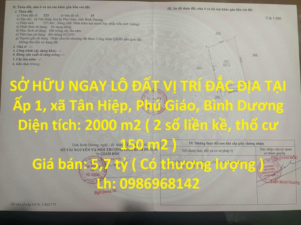 SỞ HỮU NGAY LÔ ĐẤT VỊ TRÍ ĐẮC ĐỊA TẠI Ấp 1, xã Tân Hiệp, Phú Giáo, Bình Dương