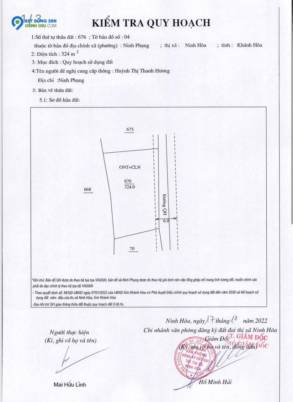 bán lô đất ngang 20 giá chỉ 1t1 đường ô tô Ninh Phụng Ninh Hoà lh 0962130297 H Hưng