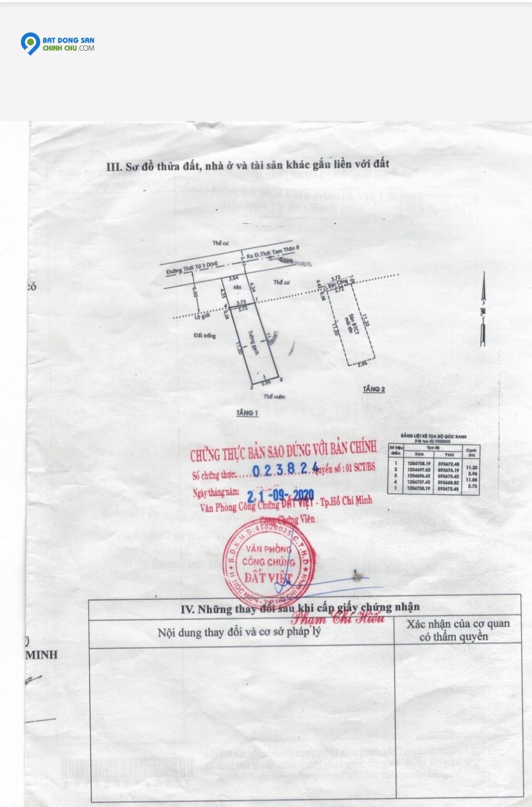 nhà sổ hồng riêng Nguyễn Thị Sáu, chợ Thới Tứ xã Thới Tam Thôn HM TPHCM chỉ 3ty050 tl